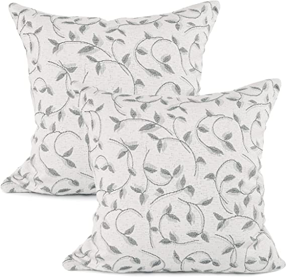 YOUR SMILE Pack of 2 Classical Embroidery Jacquard Leaf Pattern Decorative Throw Pillow Case Cushion Cover (Grey, 18''x18'')