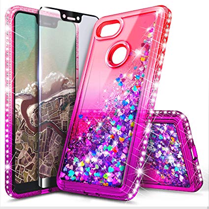 Google Pixel 3a Case with Tempered Glass Screen Protector (Full Coverage) for Gilrs Women, NageBee Glitter Liquid Sparkle Bling Floating Waterfall Durable Cute Case for Google Pixel 3a -Pink/Purple