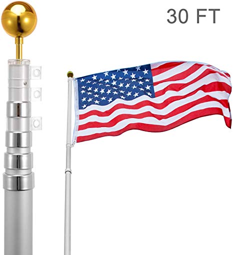 Voilamart 30ft Flagpole Telescopic 6 Sectional Fly 2 Flags, Outdoor Aluminum Flag Pole Kit with The American Flag, Great for Residential or Commercial