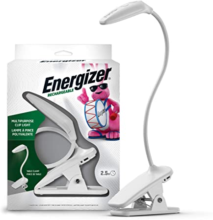 Energizer Rechargeable Clip On Light, Flexible Reading Light, Rechargeable Book Light for Reading in Bed, 2 Modes (White & Warm), Clamp Light, LED Clip Light