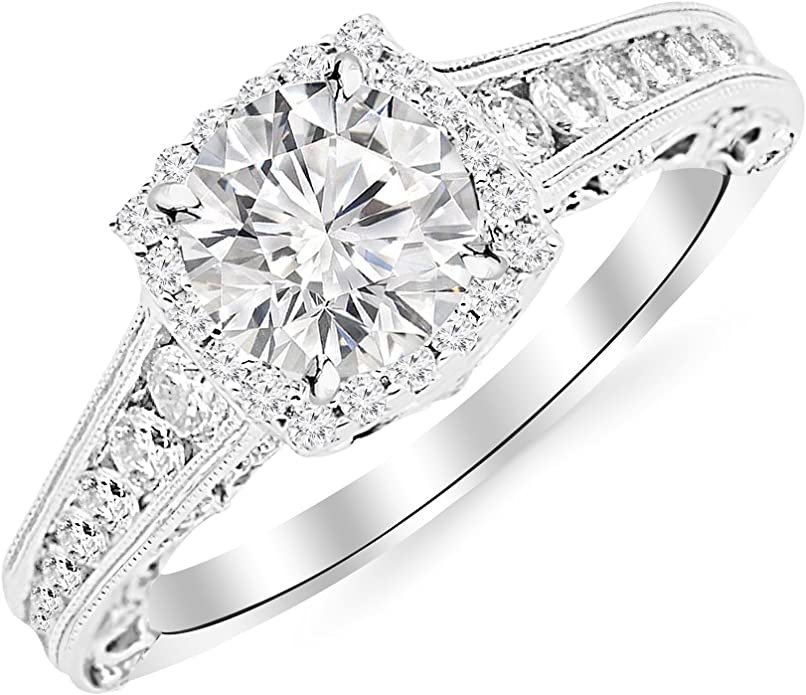 2.75 Carat 14K White Gold Vintage Halo Style Channel Set Round Brilliant Diamond Engagement Ring Milgrain with a 2 Carat Moissanite Center