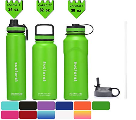 SUCFORST Water Bottle  2 Extra Lids- Vacuum Insulated Stainless Steel Wide Mouth Travel Mug - Powder Coated Double-Walled Flask,36 oz,32 oz,24 oz,18 oz