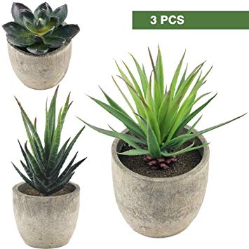 Supla 3 Pcs Assorted Decorative Boxwood Topiaries Artificial Succulent Plants Aloe Cactus with Gray Pots Faux Succulent Plants Fake succulents Artificial Topiary Cactus Plant Potted