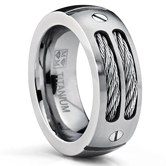 Metal Masters Co.® 8MM Men's Titanium Ring Wedding Band with Stainless Steel Cables and Screw Design Sizes 7 to 13