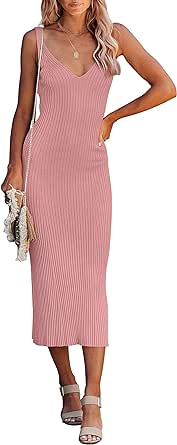 MEROKEETY Womens 2024 Summer V Neck Knit Midi Dress Bodycon Sleeveless Ribbed Sweater Dresses