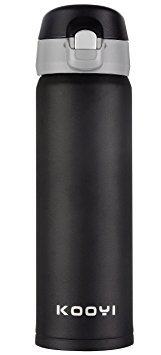 Kooyi Vacuum Insulated Stainless Steel Travel Coffee Mug / Water Bottle, One-handed Open and Drink, 100% Leak Proof BPA-Free (Black)
