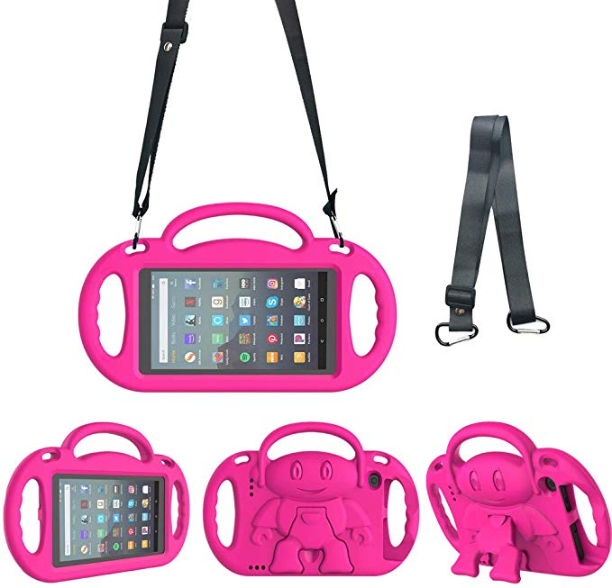 eTopxizu Kids Case for All New Amazon Fire 7 2019/2017, Light Weight Shock Proof Friendly Handle Kids Stand with Shoulder Strap for Fire 7 Tablet (9th & 7th Generation, 2019 & 2017 Release), Rose Pink