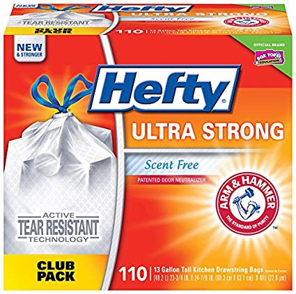 Hefty Ultra Strong Kitchen Trash Bags 13 Gallon Garbage Bags - Scent Free - Odor Control - Drawstring - 110 Count