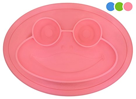 Round Silicone Suction Frog Placemat for Children, Kids, Toddlers, Babies Highchair Feeding Tray or Kitchen Dining Table with Built in Plate and Bowl, Comes with Travel Bag by Salbree, Pink