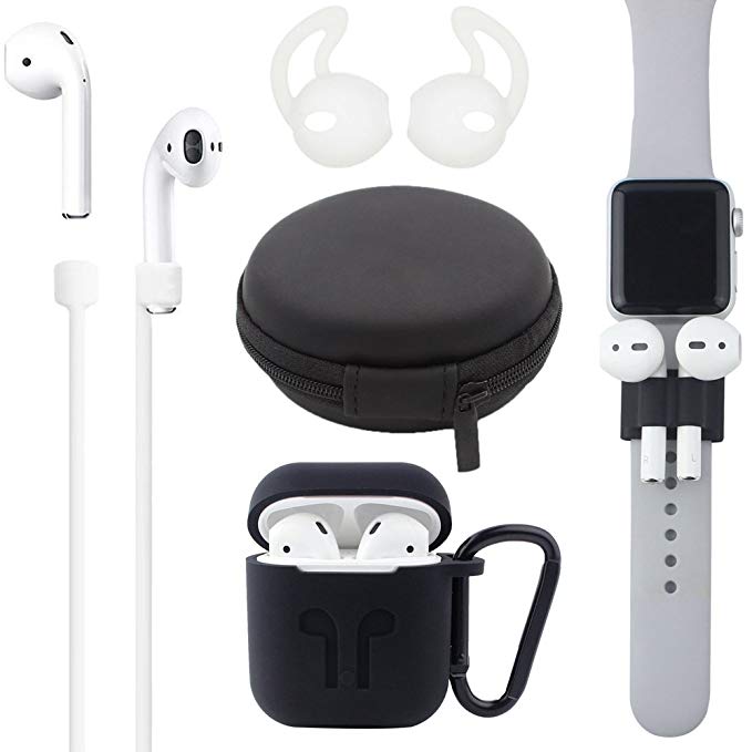 Airpods Case, [Airpods Accessories Set][Airpods Ear Hook][Airpods Watch Band Holder][Airpods Keychain][Airpods Strap][Silicone Cover][Airpods Travel Case] Best Kit for Apple AirPods Charging (Black)