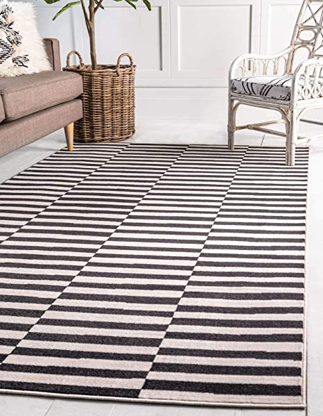 Unique Loom Williamsburg Collection Casual Transitional Thick Alternating Stripes Area Rug (3' 3 x 5' 3 Rectangular, Black/ Beige)