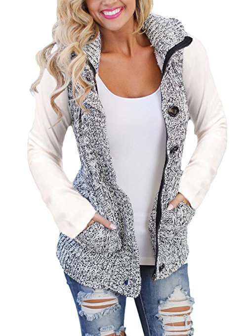 Asvivid Women's Hooded Button Up Sleeveless Fleece Sweater Coat Zip Up Jacket Vest S-XXL