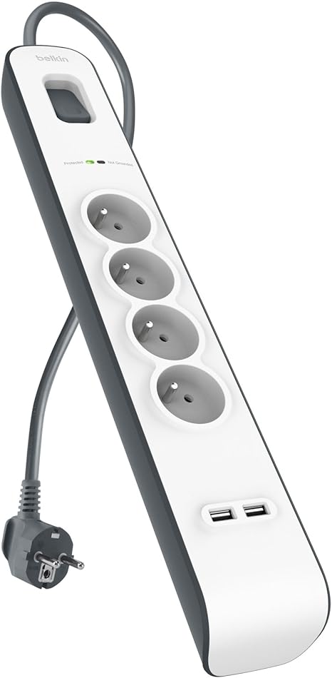 Belkin BSV401CA2M - Regleta de protección contra sobretensiones (4 Tomas, 525J, Cable de 2 m, 2 Puertos USB), Color Blanco y Gris