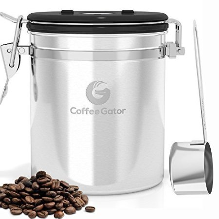 BEST Coffee Canister by Coffee Gator With Built-in Valve - Free Stainless Steel Scoop - Keeps Flavor Locked With a Valve That Vents Away CO2 Gas - Premium Quality Bean Container