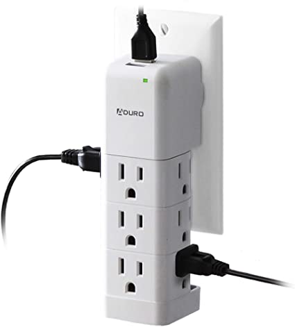 Aduro Surge Protector 9 Outlet Power Strip with USB (2 Ports 2.4A) Wall Mount Multiple Outlet Splitter Extender Adapter White