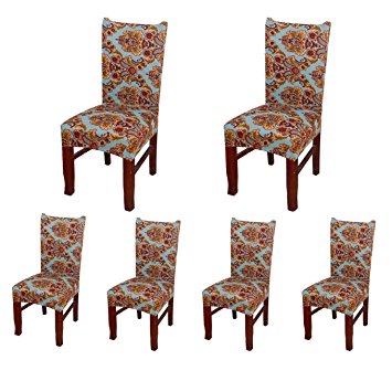6 x Soulfeel Soft Spandex Fit Stretch Short Dining Room Chair Covers with Printed Pattern, Banquet Chair Seat Protector Slipcover for Home Party Hotel Wedding Ceremony (Style 19)