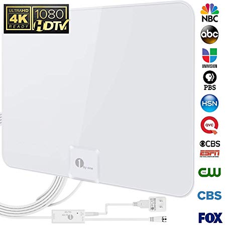 1byone Shiny Antenna Super Thin Amplified HDTV Antenna 50 Miles Range with Detachable Amplifier Booster USB Power Supply to Boost Signal and 20ft Coaxial Cable