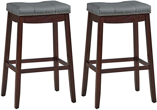 COSTWAY Set of 2 Saddle Stools, Backless Counter Height Stool with Footrest, Nailhead Barstool with Wood Legs and Non-Slip Foot Pads, Soft Seat Cushion for Home Kitchen (Stone Gray Dark Brown, 29)