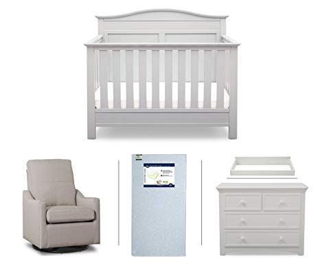 Serta Barrett 5-Piece Nursery Furniture Set (Serta Convertible Crib, 4-Drawer Dresser, Changing Top, Serta Crib Mattress, Glider), White/Beige