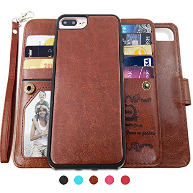 iPhone 7 Plus Cases,Magnetic Detachable Lanyard Wallet Case with [9 Card Slots ID Window][Kickstand] for iPhone 7 Plus-5.5 inch, CASEOWL 2 in 1 Folio Flip Premium Leather Removable TPU Case(Brown)