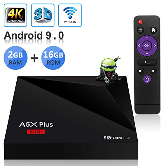 Sidiwen Android 9.0 TV Box A5X Plus Mini Smart Media Player 2GB RAM 16GB ROM Rockchip RK3328 Quad Core Support 3D 4K Ultra HD H.265 HEVC WIFI 2.4G Ethernet 100M LAN USB 3.0 Internet Set Top Box