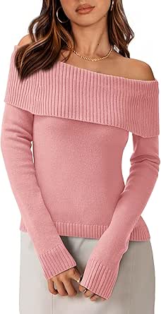 PRETTYGARDEN Women's Fall Off Shoulder Sweaters Y2K Long Sleeve Ribbed Knit Fitted Pullover Winter Date Night Tops Blouse