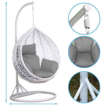 Yaheetech Rattan Swing Chair Patio Garden Wicker Hanging Egg Chair Hammock w/Cushion & Cover Indoor or Outdoor---Max.150kg White