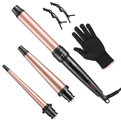 Curling Wand Set, Zealite 3 in 1 Curling Iron Set with 3 Interchangeble Barrel 0.35''-1.25'',Hair Crimper with Glove & 2 Hair Clips