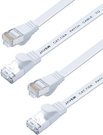 JAVEX CAT7 RJ45 [2-Pack] [Shielded, 10GB] Snagless Network Ethernet Flat Cable, White, 7FT