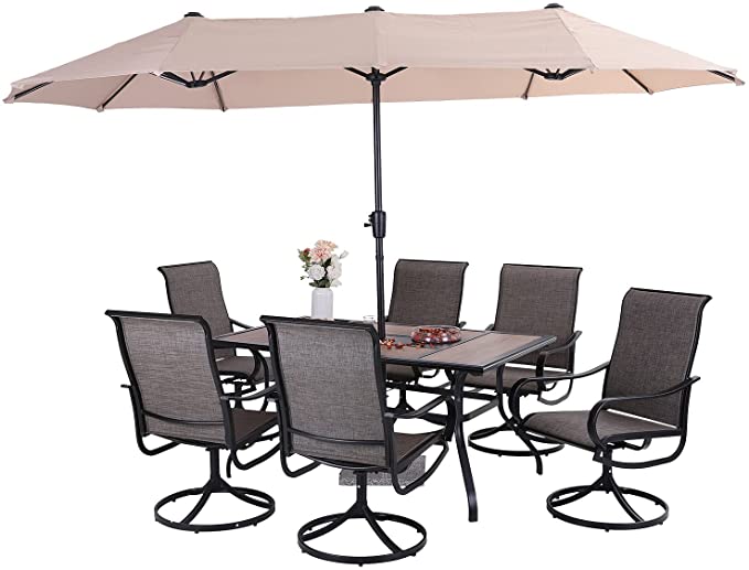 Sophia & William Patio Dining Set 8 Pieces Outdoor Metal Furniture Set with 13ft Double-Sided Patio Umbrella Twin, 6 x Swivel Patio Dining Chairs, 1 Wood Like Umbrella Table for Patio Lawn Garden