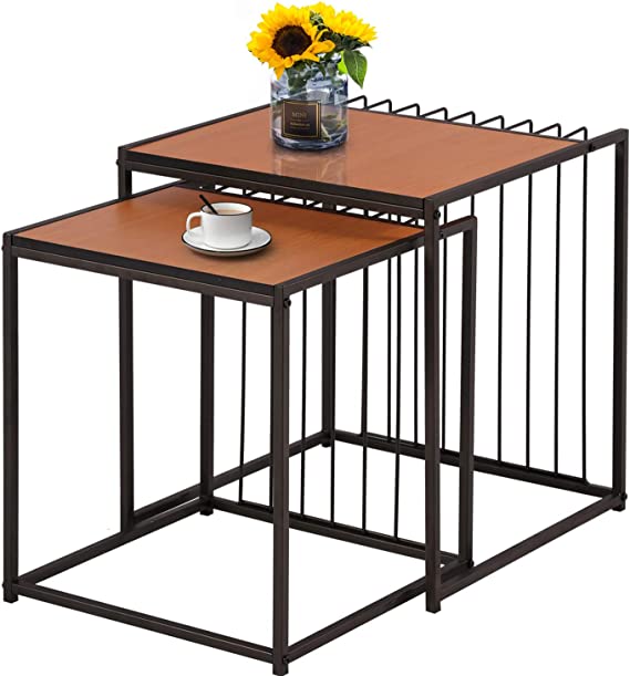 VECELO Industrial Nesting Coffee Tables Set of 2,Stacking Side or End for Living Room Balcony Home and Office, Light Brown