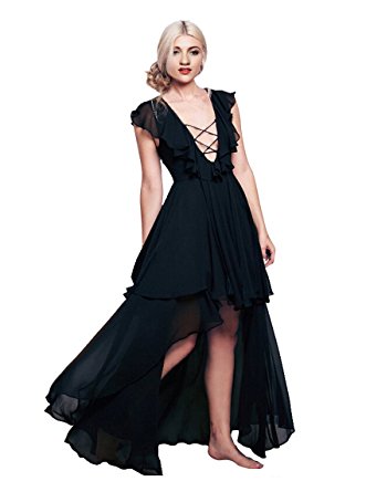 CA Mode Women V-neck Lace Up Wedding Evening Gown Prom Party High Low Dress