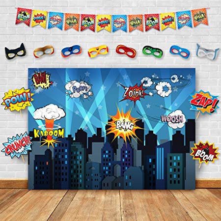 Superhero Cityscape Photography Backdrop, Studio Props, Flags and Mask DIY Kit. Great as Super Hero City Photo Booth Background - Birthday Party and Event Decorations