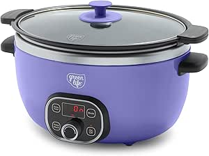 GreenLife 6QT Slow Cooker, Non-Toxic Ceramic Nonstick Removable Interior Bowl, Programmable, Family Friendly, Keep Warm, Stovetop & Oven Safe, Dishwasher Safe Parts, Timer, Glass Lid, Periwinkle