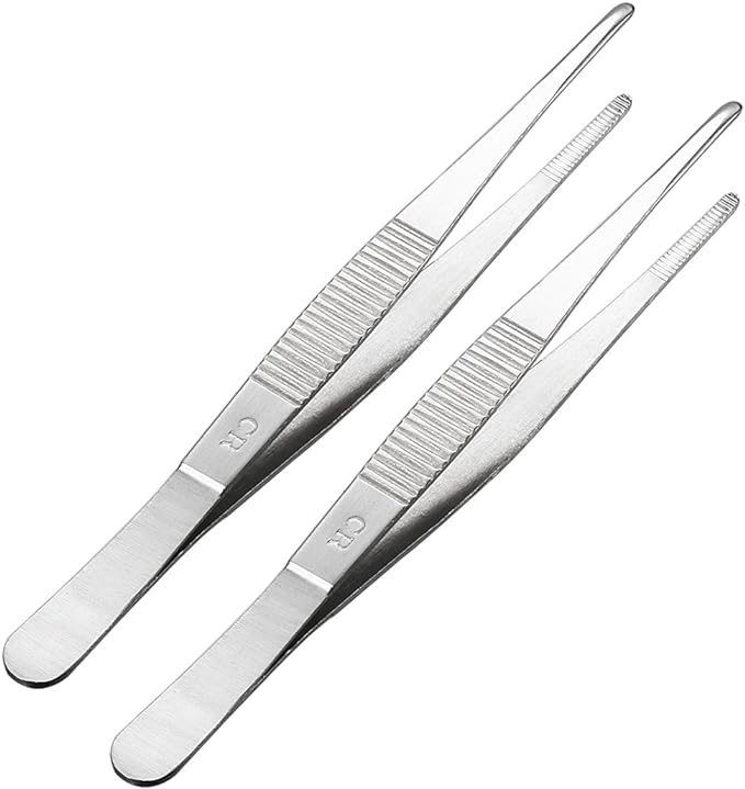 uxcell 2 Pcs 5.5-Inch Stainless Steel Straight Blunt Tweezers with Serrated Tip Polish