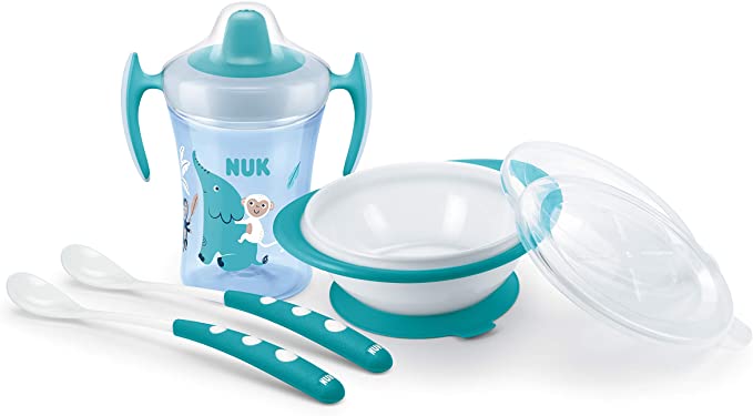 NUK Learn to Eat Set | Trainer Cup Sippy Cup (230 ml) | Feeding Bowl and Feeding Spoons | 6  Months | BPA-Free | Blue | 4 Count