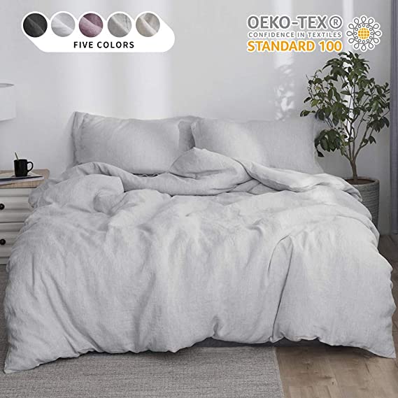Simple&Opulence 100% Linen Duvet Cover Set 2pcs Stone Washed Natural Belgian Flax Basic Style Solid Color French Bedding with Button Closure (Twin, Grey)