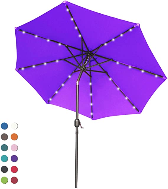 ABCCANOPY 9FT Patio Umbrella Ourdoor Solar Umbrella LED Umbrellas with 32LED Lights, Tilt and Crank Table Umbrellas for Garden, Deck, Backyard and Pool,12 Colors, (Purple)