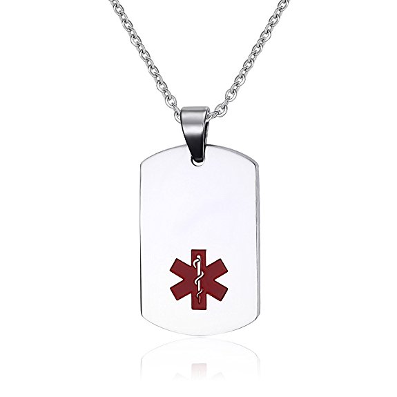 Stainless Steel Medical ID Dog Tag Necklace with Chain -Free Custom Engraving,Diabetic,Asthma