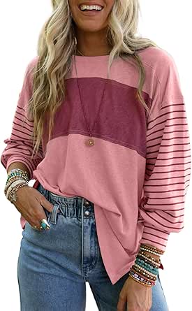 Dokotoo Long Sleeve Fall Tops Oversized 2024 Trendy Round Crew Neck Casual Color Block Womens Shirts Blouses