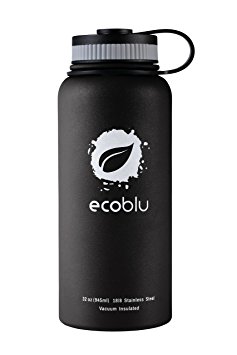 Ecoblu 32 oz Wide Mouth Stainless Steel Water Flask - Double Walled BPA Free Hydro Insulated Large Water Bottle for Hot and Cold Liquids - With Straw Lid and 2 Straws for Specific Colors (see photos)