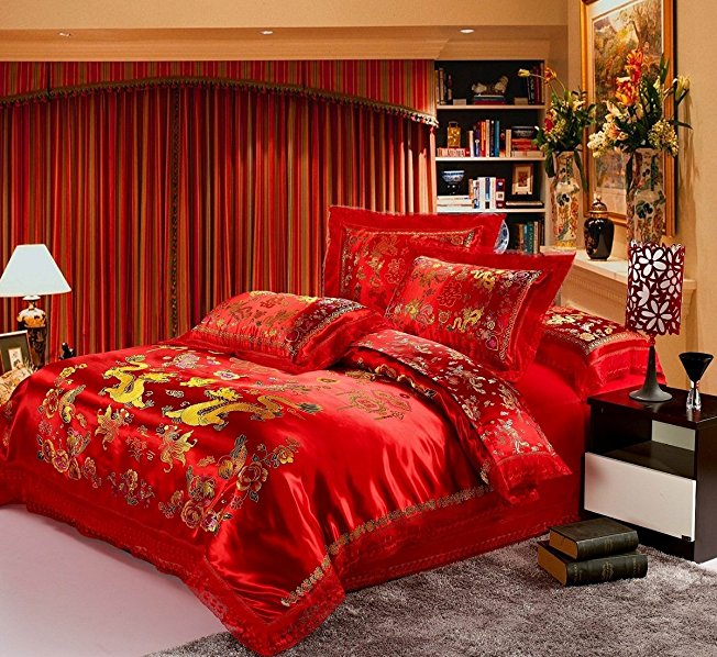 Luxury Jacquard Chinese Wedding Bed Covers Dragon Phoenix Double Blessing Embroidery Lace Silk Duvet Cover Sets 4pcs Queen Red