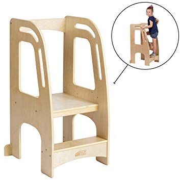 ECR4Kids Chef's Helper Kitchen Tower | Wooden Toddler Two-Step Learning Stool with Safety Rails | Kids Stool with Adjustable Platform Height, Natural Finish