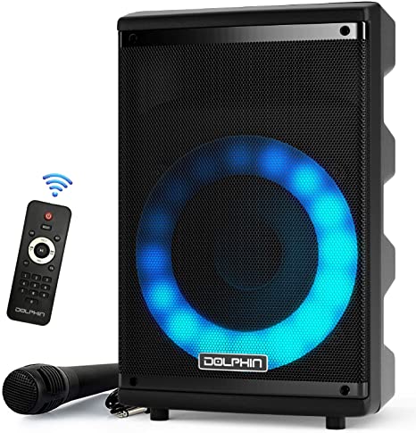 Dolphin 8’’ Portable Bluetooth Speaker with Woofer & Tweeter - Sound Activated Lights - Wireless Karaoke Function - 7 Hour Battery Life - Party Speaker SP-807RBT