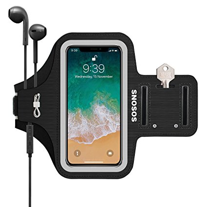 iPhone X Armband,SOSONS Water Resistant Sports Gym Armband Case for iphone X.Fingerprint Touch Supported and Fits Smartphones with Slim Case,armband with Card Pockets ,Key Slot