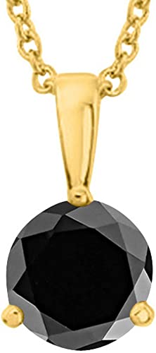 1/2 0.5 Carat 14K Yellow Gold Round Black Diamond 3 Prong Solitaire Pendant Necklace (AAA Quality) W/ 16" Silver Chain