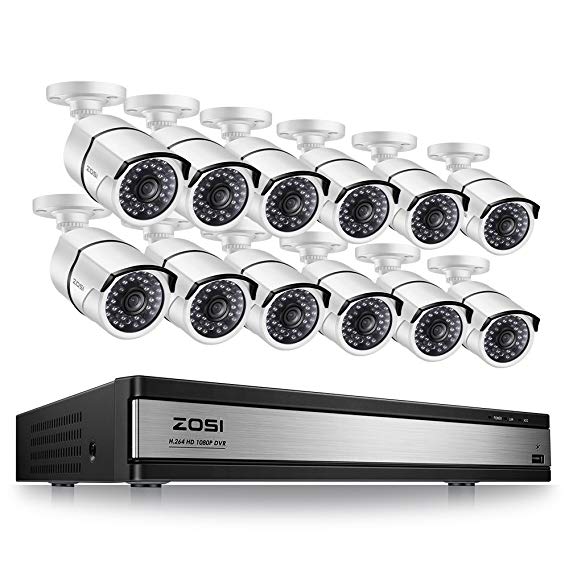 ZOSI 16 Channel 1080p Security System,16 Channel Full HD 1080p Hybrid DVR Recorder and 12 Outdoor/Indoor CCTV Bullet Camera 1080p with 100ft Long Night Vision and 105°Wide Angle (No Hard Drive)