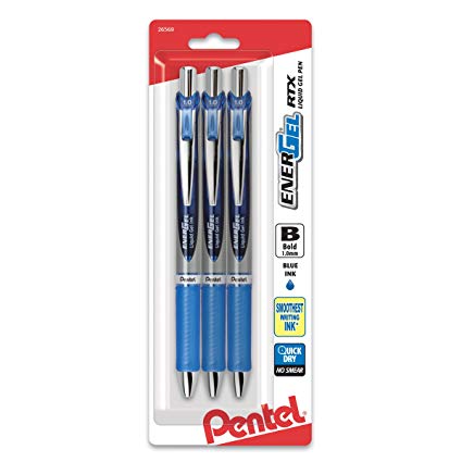 Pentel EnerGel RTX Retractable Liquid Gel Pen, Bold Line, Metal Tip, Blue Ink 3Pk (BL80BP3C)