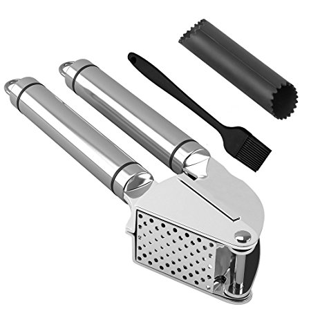 Pengxiaomei Garlic Press and Peeler Brush Set. Stainless Steel Mincer and Silicone Tube Roller