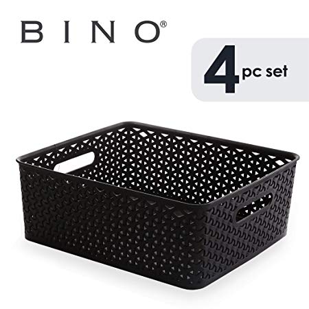 BINO T-Weave Woven Plastic Storage Basket (4PK- M, Black)